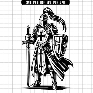 Könnte beinhalten: Schwarz-Weiß-Illustration eines mittelalterlichen Ritters in voller Rüstung, der ein Schwert und einen Schild hält. Der Ritter trägt einen Helm, ein Kreuz auf Schild und Brust und einen fließenden Umhang. Der Text "SVG PNG DXF EPS PDF JPG" ist enthalten.