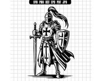 Crusader Knight Svg, Templar Svg, Medieval Knight Svg, Knight With Sword Svg, Knight Clipart, Knight Png, Knight Dxf