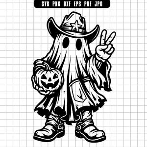 Cowboy Ghost Holding Pumpkin With Peace Sign Halloween Illustration Svg Png Dxf Eps Pdf Jpg
