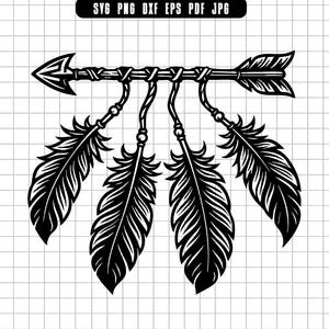 May include: Black and white illustration of an arrow with four feathers hanging below. The arrow has a pointed arrowhead and fletching. The feathers are detailed with individual barbs. The image includes the text "SVG PNG DXF EPS PDF JPG".