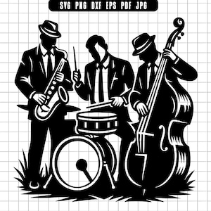 Jazz Band Silhouette Musicians Saxophone Drums Double Bass Vector Drawing Svg Png Dxf Eps Pdf Jpg