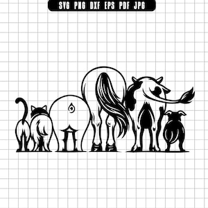 Puede incluir: Dibujo lineal en blanco y negro de un gato, un cerdo, un caballo, una vaca y un perro, vistos por detrás. Los animales están alineados, con el gato a la izquierda y el perro a la derecha. La imagen tiene el texto "SVG PNG DXF EPS PDF JPG" en la parte superior.