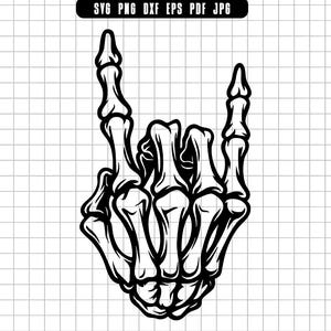 Op de afbeelding: Zwart-wit illustratie van een skelet hand die het rock and roll handgebaar maakt. De afbeelding is een vectorafbeelding, met de bestandstypen SVG, PNG, DXF, EPS, PDF en JPG bovenaan vermeld.