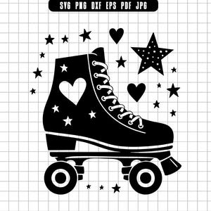 May include: Black roller skate illustration with a heart and star design. The skate features a heart on the side, stars, and a dotted star. The image includes the text "SVG PNG DXF EPS PDF JPG".