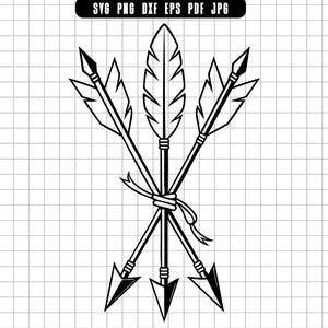 May include: Black and white illustration of three crossed arrows. The central arrow features a feather, while the other two have arrowheads. A ribbon ties the arrows together. The image includes the text "SVG PNG DXF EPS PDF JPG" at the top.