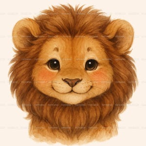 ライオンのpng、赤ちゃんライオンの顔のクリップアート、かわいいサファリ動物のpng、ジャングルの保育園の壁アート、水彩画のライオンの頭のデザイン