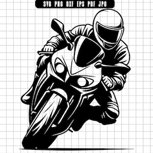 Op de afbeelding: Zwart-wit afbeelding van een persoon die op een motorfiets rijdt. De rijder draagt een helm en race-uitrusting, leunend in een bocht. De motorfiets heeft een strak, aerodynamisch ontwerp. De afbeelding bevat de tekst "SVG PNG DXF EPS PDF JPG".