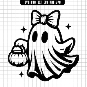 May include: Black and white Halloween-themed graphic of a ghost wearing a bow and holding a pumpkin basket. The ghost has two oval eyes and is surrounded by three starbursts. The image is suitable for SVG, PNG, DXF, EPS, PDF, and JPG formats.