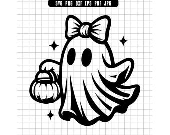 Girl Ghost Svg, Halloween Ghost Svg, Trick Or Treat Svg, Ghost With Pumpkin Svg, Girl Ghost With Bow Svg, Spooky Ghost Svg