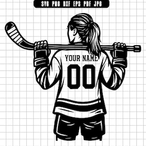 Female Hockey Player SVG Back View Silhouette With Custom Jersey Name And Number Sports Clipart For Gifts And Decals