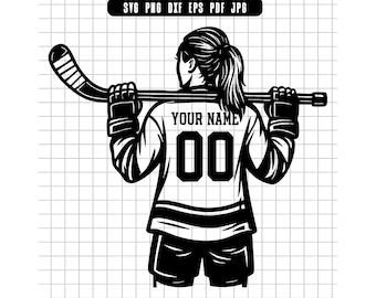 May include: Black and white illustration of a hockey player from the back, holding a hockey stick. The jersey has the text "YOUR NAME" and the number "00". The player is wearing a helmet, gloves, and shorts. The background is a grid.