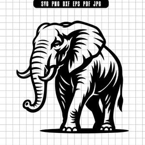 May include: A black and white illustration of an elephant. The elephant is shown in profile, with its trunk curled and tusks visible. The image is a vector graphic, suitable for various applications.