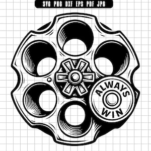 Può includere: Illustrazione in bianco e nero di un tamburo di revolver. Il tamburo ha sei camere e un componente centrale a forma di stella. Un proiettile è visibile, con la scritta "ALWAYS WIN". L'immagine è su uno sfondo a griglia.