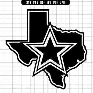 Puede incluir: Gráfico en blanco y negro del estado de Texas con una estrella en el centro. La estrella tiene una estrella más pequeña en su interior. La imagen incluye el texto "SVG PNG DXF EPS PDF JPG" en la parte superior.