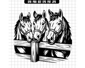 Three Horses Svg, Horse Heads PNG, Farm Animal DXF, Horse Fence Svg, Horse Clipart, Equestrian Svg, Country Life Cut File