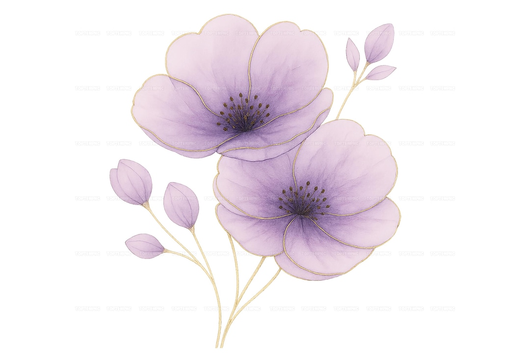Purple Flower Svg, Gold Lined Flower Svg, Floral Clipart, Watercolor ...
