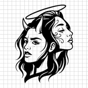 Angel Devil Girl Svg, Dual Face Woman Svg, Good And Evil Svg, Dark Angel Svg, Demon Girl Svg, Tattoo Style Svg, Digital File