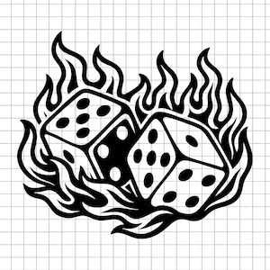May include: A black and white graphic depicting two dice surrounded by flames. The dice show a six and a five. The flames are stylized. This image is a bold design, suitable for various applications.