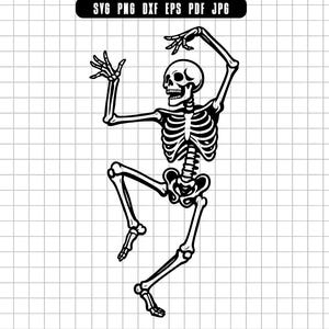 May include: Black and white illustration of a dancing skeleton with arms raised and one leg bent. The skeleton is depicted in a dynamic pose, with the rib cage and skull clearly visible. The image includes the text "SVG PNG DXF EPS PDF JPG".