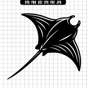 May include: Black silhouette of a manta ray with a long tail and wing-like fins. The image is a vector graphic, suitable for various applications. The design is simple and elegant, perfect for ocean-themed projects.