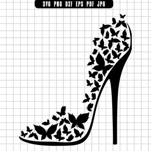 Vlinderschoen SVG, hoge hak vlinder png, elegante hak DXF, vlinder gesneden bestand, schoen clipart, silhouet schoenontwerp