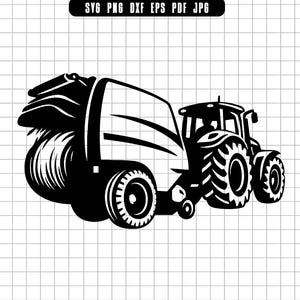 May include: Black and white illustration of a tractor with a hay baler. The tractor has large, detailed tires and a cab. The hay baler is attached to the tractor and is filled with hay. The image is a vector graphic.