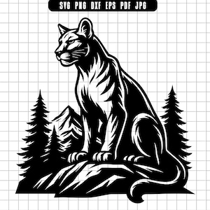 Mountain Lion Svg, Cougar Svg, Wild Cat PNG, Puma DXF, Big Cat Cut File, Wildlife Svg, Mountain Scene Svg, Forest Clipart