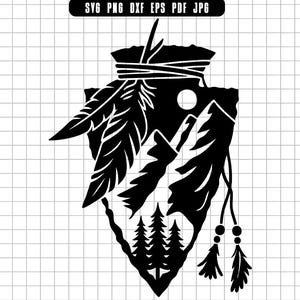 May include: Black arrowhead design featuring a mountain landscape, trees, and feathers. The design includes a full moon and decorative elements. The image is a vector graphic, suitable for various applications.