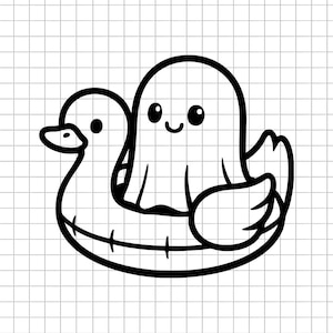 May include: A black and white cartoon illustration of a ghost riding a duck-shaped inflatable pool float. The ghost has a friendly expression. The duck float has a beak and wings. The image is on a grid background.
