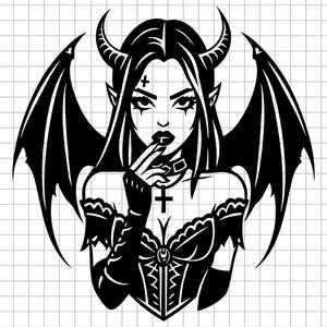 May include: Black and white illustration of a woman with horns, bat wings, and a gothic aesthetic. She wears a corset, gloves, and a cross pendant. The image has a dark, edgy style, perfect for stickers or apparel.
