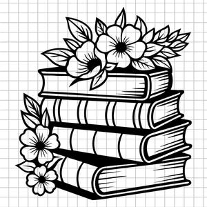 Book Stack SVG, Floral Books SVG, Book Lover Clipart, Reading SVG, Library Cut File, Cricut Silhouette