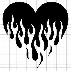 May include: A black heart shape with stylized flames emanating from the bottom. The flames are also black and create a bold, graphic design. The background is a white grid.