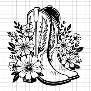 May include: Black and white illustration of a cowboy boot surrounded by flowers and leaves. The boot is detailed with stitching and a pointed toe. The flowers are large and daisy-like, with detailed petals. The design is set against a grid background.