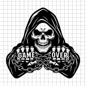 May include: Black and white graphic of a grim reaper with a skull face and a hooded cloak. The reaper holds the words "GAME OVER" in its skeletal hands, connected by chains. The design is on a grid background.
