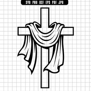 Puede incluir: Ilustración en blanco y negro de una cruz cristiana con un paño drapeado. La cruz es un diseño simple y audaz, con el paño que agrega una sensación de movimiento y textura. Adecuado para manualidades y diseños de temática religiosa.
