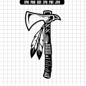 May include: Black and white illustration of a tomahawk. The axe head has a curved blade and a bird-like design. The handle is wrapped with a textured grip and adorned with three feathers. The image is set against a grid background.