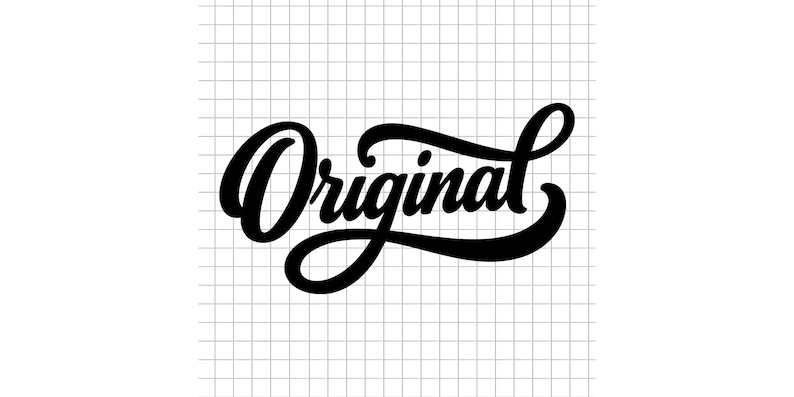 May include: A black cursive word "Original" on a white background with a grid pattern. The word is written in a bold, flowing script, with a classic and stylish design.