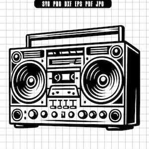 May include: Black and white illustration of a vintage boombox. The design features two large speakers, a cassette player, and various control knobs. A handle is at the top. The image includes the text "SVG PNG DXF EPS PDF JPG".