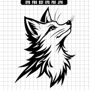 May include: A black and white graphic of a fox head looking upwards. The fox's fur is detailed with sharp lines, and the image is set against a grid background. The top of the image includes the text: SVG, PNG, DXF, EPS, PDF, JPG.
