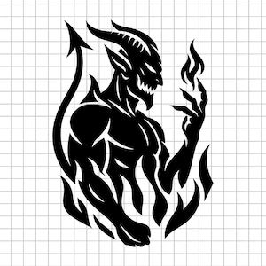 Könnte beinhalten: Schwarze Silhouette einer dämonischen Figur mit Hörnern, einem Schwanz und Flammen. Die muskulöse Figur hält eine Flamme in einer Hand. Das Bild ist ein Grafikdesign, wahrscheinlich für ein Tattoo oder einen Druck.
