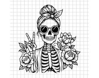Flower Skeleton Svg, Peace Skeleton Clipart, Skull Girl PNG, Skeleton Flower Cut File, Floral Skull Svg