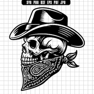 Cowboy schedel Svg, bandana schedel Svg, westerse schedel Svg, Outlaw Svg, schedel met hoed Svg, wilde westen Svg, Gunslinger Svg