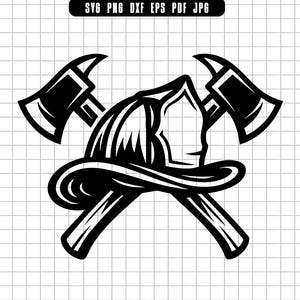 Può includere: Illustrazione in bianco e nero di un elmetto da pompiere e di asce incrociate. Le asce sono dietro l'elmetto, con le lame rivolte verso l'esterno. L'immagine include il testo "SVG PNG DXF EPS PDF JPG".