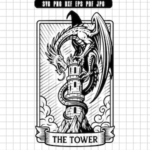 The Tower Svg, Tarot Dragon Svg, Dragon Castle Svg, Gothic Tarot Svg, Mythical Svg, Clipart, Digital File, Instant Download