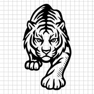Puede incluir: Ilustración en blanco y negro de un tigre caminando hacia adelante. La cara del tigre está centrada, con una mirada enfocada. La imagen es un dibujo lineal detallado, que muestra las rayas y la forma muscular del tigre.