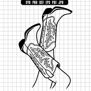 Puede incluir: Ilustración en blanco y negro de un par de botas de vaquero. Las botas están en ángulo, con intrincados diseños florales y de hojas. La imagen incluye el texto "SVG PNG DXF EPS PDF JPG" en la parte superior.