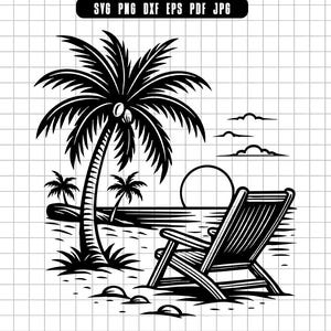 Strandkorb dafür, Sonnenuntergang, Palme, Sommerferien, Ozean, Clipart, Schnitt, digitale Datei, Sofort Download