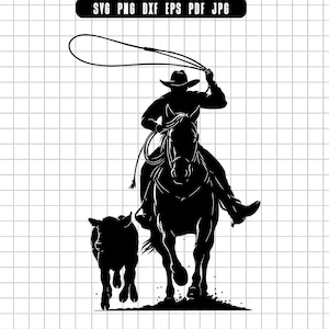 May include: Black silhouette of a cowboy on horseback roping a calf. The cowboy is wearing a hat and holding a lasso. The image is a vector graphic, suitable for various applications.