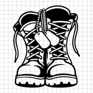 May include: Black and white illustration of combat boots with laces and a dog tag. The boots are depicted in a front view, with the laces tied and the dog tag hanging between them. The image is a simple, graphic design.