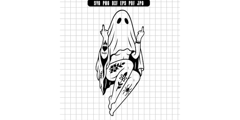 Op de afbeelding: Zwart-wit illustratie van een spookfiguur met tatoeages en bloemmotieven op de benen, die met beide handen de middelvinger opsteekt. Het spook draagt een laken en heeft twee ooggaten. De tekst "SVG PNG DXF EPS PDF JPG" staat bovenaan.